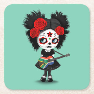 Sugar Skull Girl Playing South African Flag Guitar Square Paper Coaster