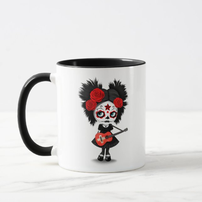 Sugar Skull Girl Playing Swiss Flag Guitar Mug (Left)