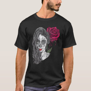 Sugar Skull Girl With Mexican Death Mask And Rose  T-Shirt