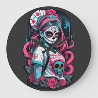 Sugar Skull Girl with Pink Highlights and Roses Large Clock
