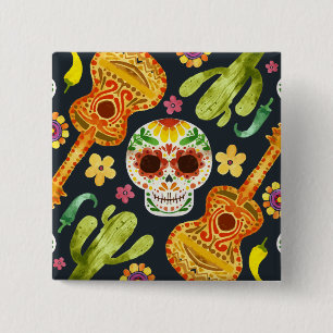 Sugar Skull & Guitars Dia de Muertos Button