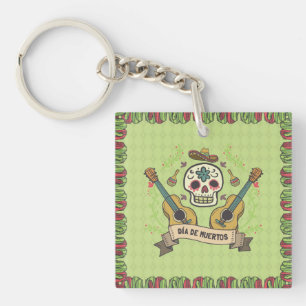 Sugar Skull & Guitars Dia de Muertos Keychain