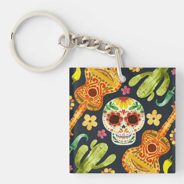 Sugar Skull & Guitars Dia de Muertos | Keychain (Front)
