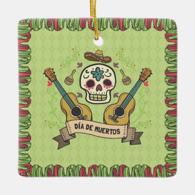 Sugar Skull & Guitars Dia de Muertos | Ornament (Front)