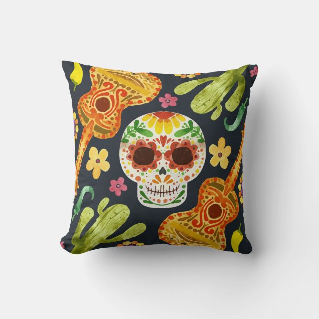 Sugar Skull & Guitars Dia de Muertos Throw Pillow (Front)