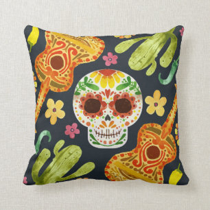 Sugar Skull & Guitars Dia de Muertos Throw Pillow