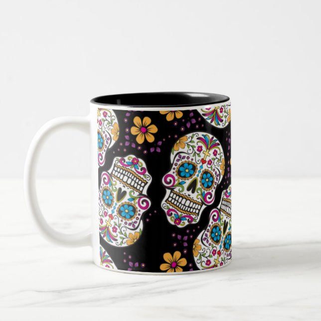 Sugar Skull Halloween Black Two-Tone Coffee Mug (Left)