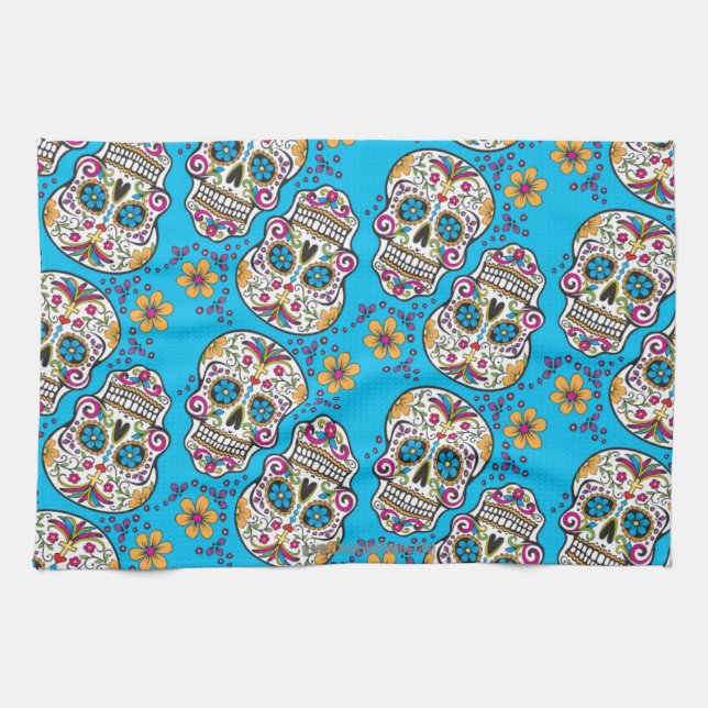 Sugar Skull Halloween Blue Kitchen Towel (Horizontal)