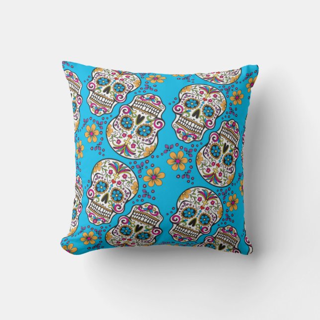 Sugar Skull Halloween Blue Throw Pillow (Front)