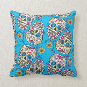 Sugar Skull Halloween Blue Throw Pillow