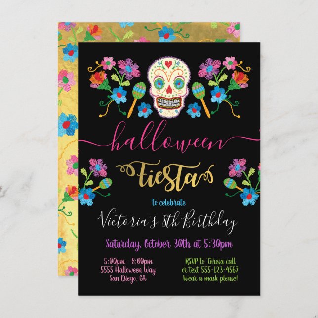 Sugar Skull Halloween Fiesta BIrthday Party Invitation (Front/Back)