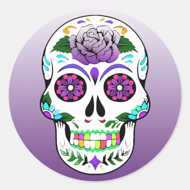 Sugar Skull Halloween Lime Green  Purple Classic Round Sticker (Front)