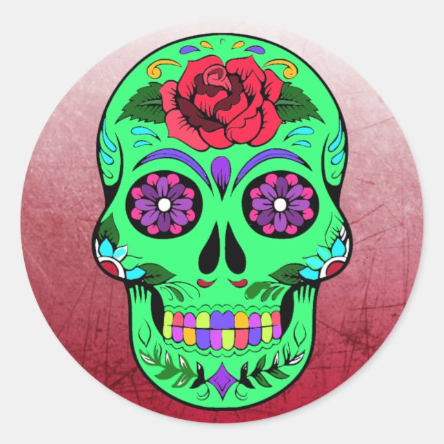 Sugar Skull Halloween Lime Green  Purple Classic Round Sticker (Front)