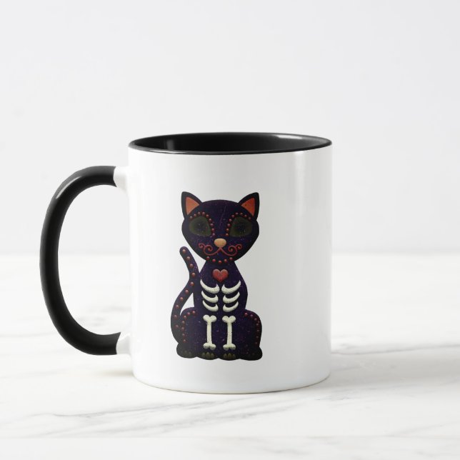 Sugar Skull Halloween Mug - Spooky Black Cat Desig (Left)
