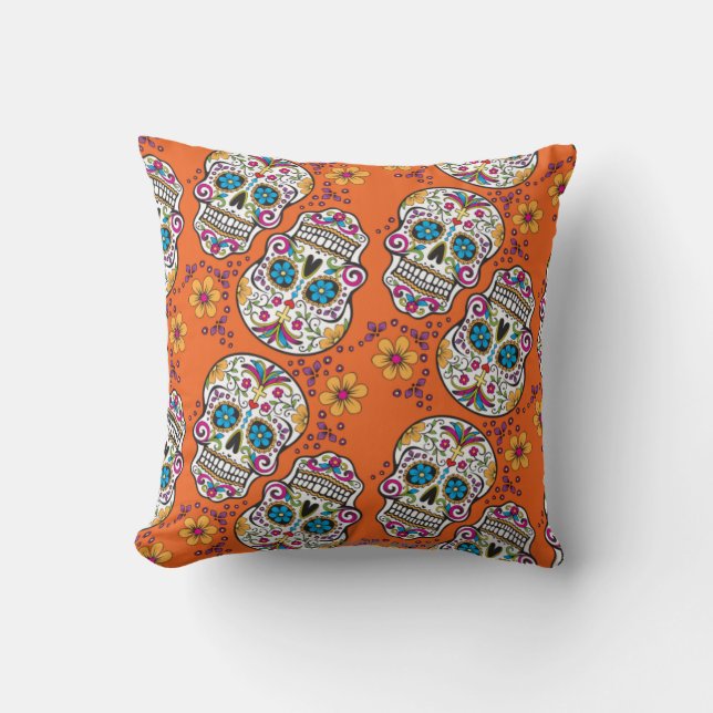 Sugar Skull Halloween Orange Throw Pillow (Front)