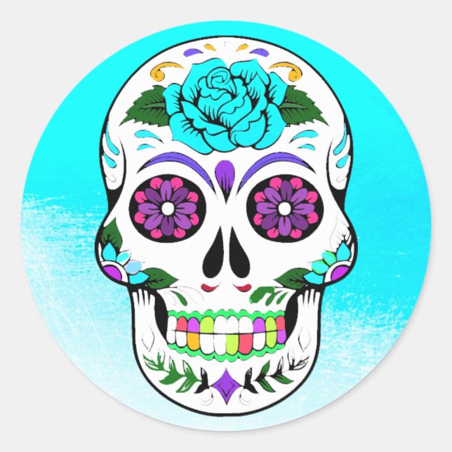 Sugar Skull Halloween Teal Purple Classic Round Sticker (Front)