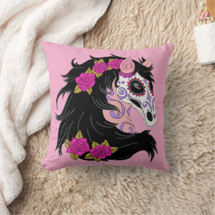Sugar Skull Horse With Pink Roses Throw Pillow