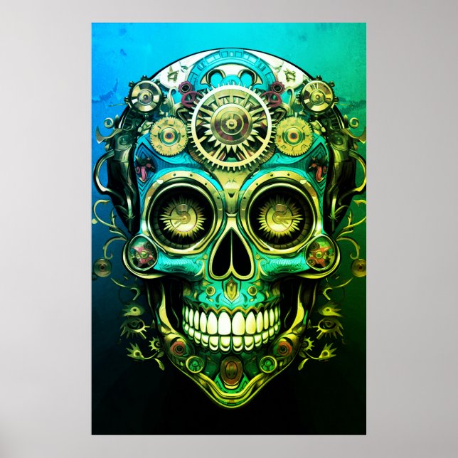 Sugar Skull Images Cool Green + Blue Guy on a Wall Poster (Front)