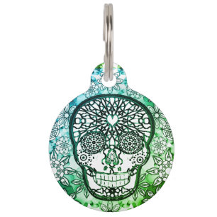 Sugar Skull in Green Pet Tag