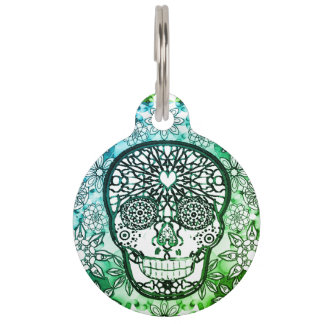 Sugar Skull in Green Pet Tag
