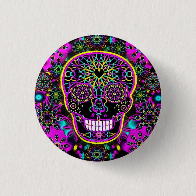 Sugar Skull in Neon Pink 1 Inch Round Button (Front)