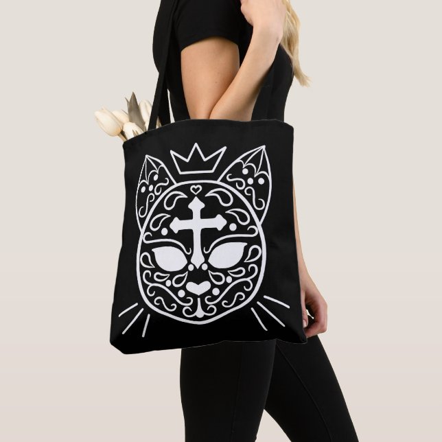 Sugar skull kitty cat cute goth fashion style tote bag (Close Up)