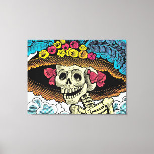 Sugar Skull Lady in Floral Sun Hat Pop Art Graphic Canvas Print