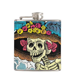 Sugar Skull Lady in Floral Sun Hat Pop Art Graphic Hip Flask