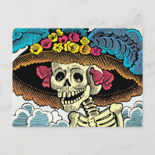 Sugar Skull Lady in Floral Sun Hat Pop Art Graphic Postcard