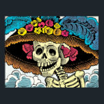 Sugar Skull Lady in Floral Sun Hat Pop Art Graphic Poster<br><div class="desc">This aesthetic illustration merges traditional Mexican folklore with vintage comic book pop art. Featuring a skeletal figure wearing an oversized, ornate sun hat decorated with vibrant yellow and pink blossoms and large blue feathers, the artwork utilizes a distinct halftone dot pattern and bold ink outlines. The high-contrast colour palette of...</div>