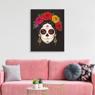 Sugar Skull Lady White Line Art Gothic Canvas Print