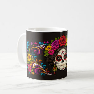 Sugar Skull Lady White Line Art   Gothic  Coffee Mug