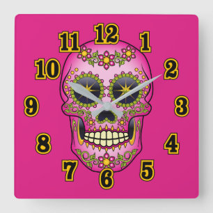Sugar Skull Magenta Floral Square Wall Clock