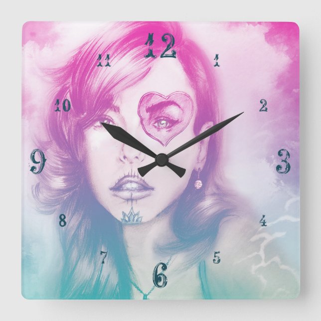 Sugar Skull Makeup Girl, Colourful Square Clock (Front)