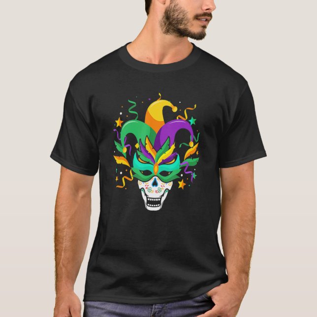 Sugar Skull Mask Jester Hat Mardi Gras Carnival Ne T-Shirt (Front)