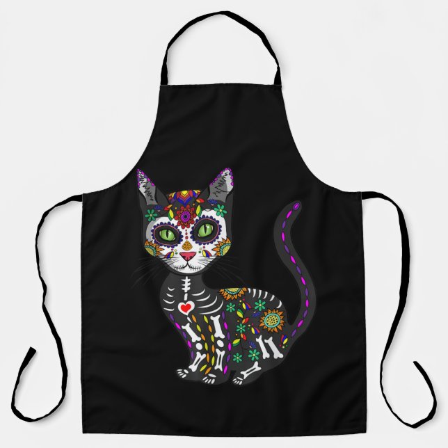 Sugar Skull Mexican Cat Halloween Day Of The Dead Apron (Front)