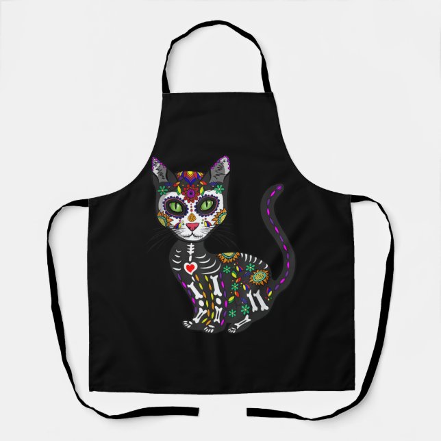 Sugar Skull Mexican Cat Halloween Day Of The Dead Apron (Front)