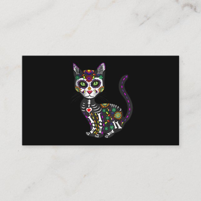 Sugar Skull Mexican Cat Halloween Day Of The Dead Business Card (Front)