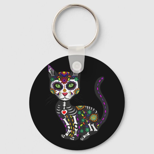 Sugar Skull Mexican Cat Halloween Day Of The Dead Keychain (Front)