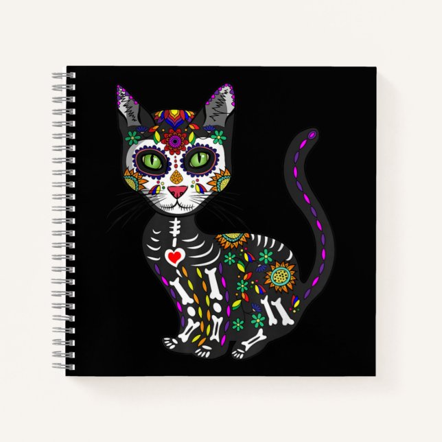 Sugar Skull Mexican Cat Halloween Day Of The Dead Notebook (Front)
