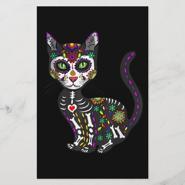 Sugar Skull Mexican Cat Halloween Day Of The Dead Stationery (Front)