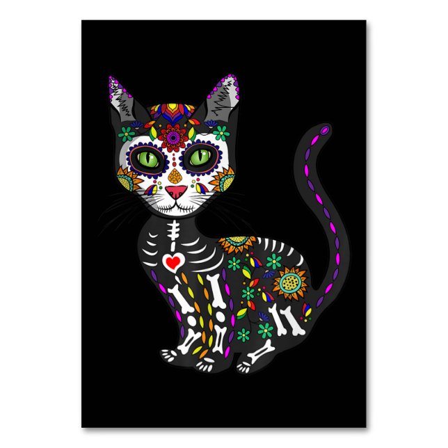 Sugar Skull Mexican Cat Halloween Day Of The Dead Table Number (Front)