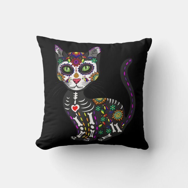 Sugar Skull Mexican Cat Halloween Day Of The Dead Throw Pillow (Front)