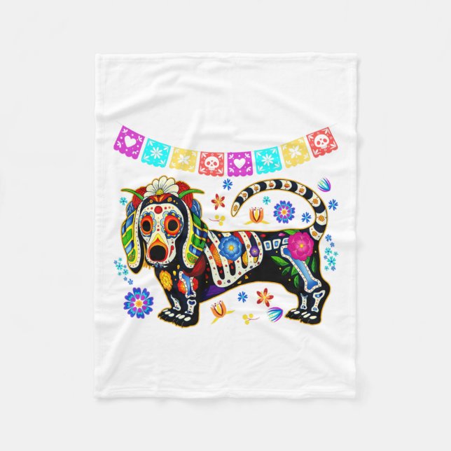 Sugar Skull Mexican Dachshund Bone Halloween Day O Fleece Blanket (Front)