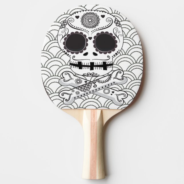 Sugar Skull n Crossbones Black & White Ping Pong Paddle (Front)