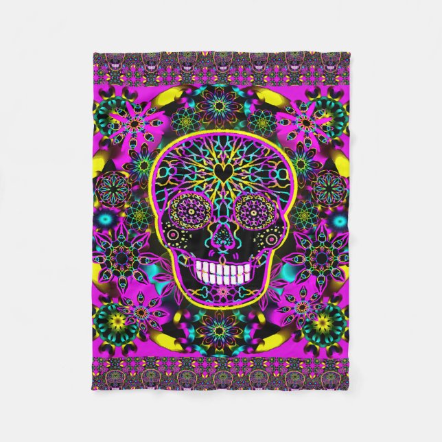 Sugar Skull Neon Pink Fleece Blanket (Front)