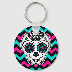 Sugar skull on chevron stripes pattern keychain