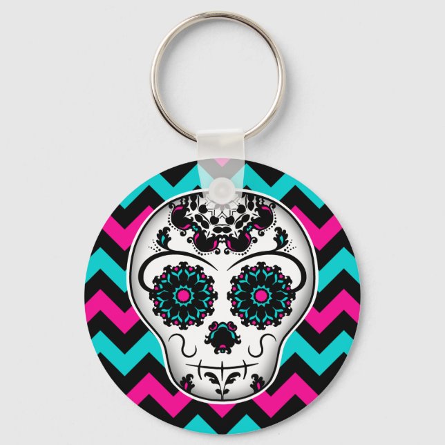 Sugar skull on chevron stripes pattern keychain (Front)