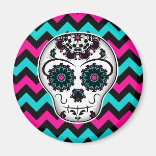 Sugar skull on chevron stripes pattern magnet