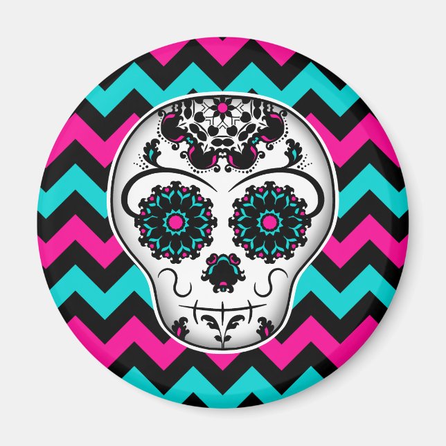 Sugar skull on chevron stripes pattern magnet (Front)
